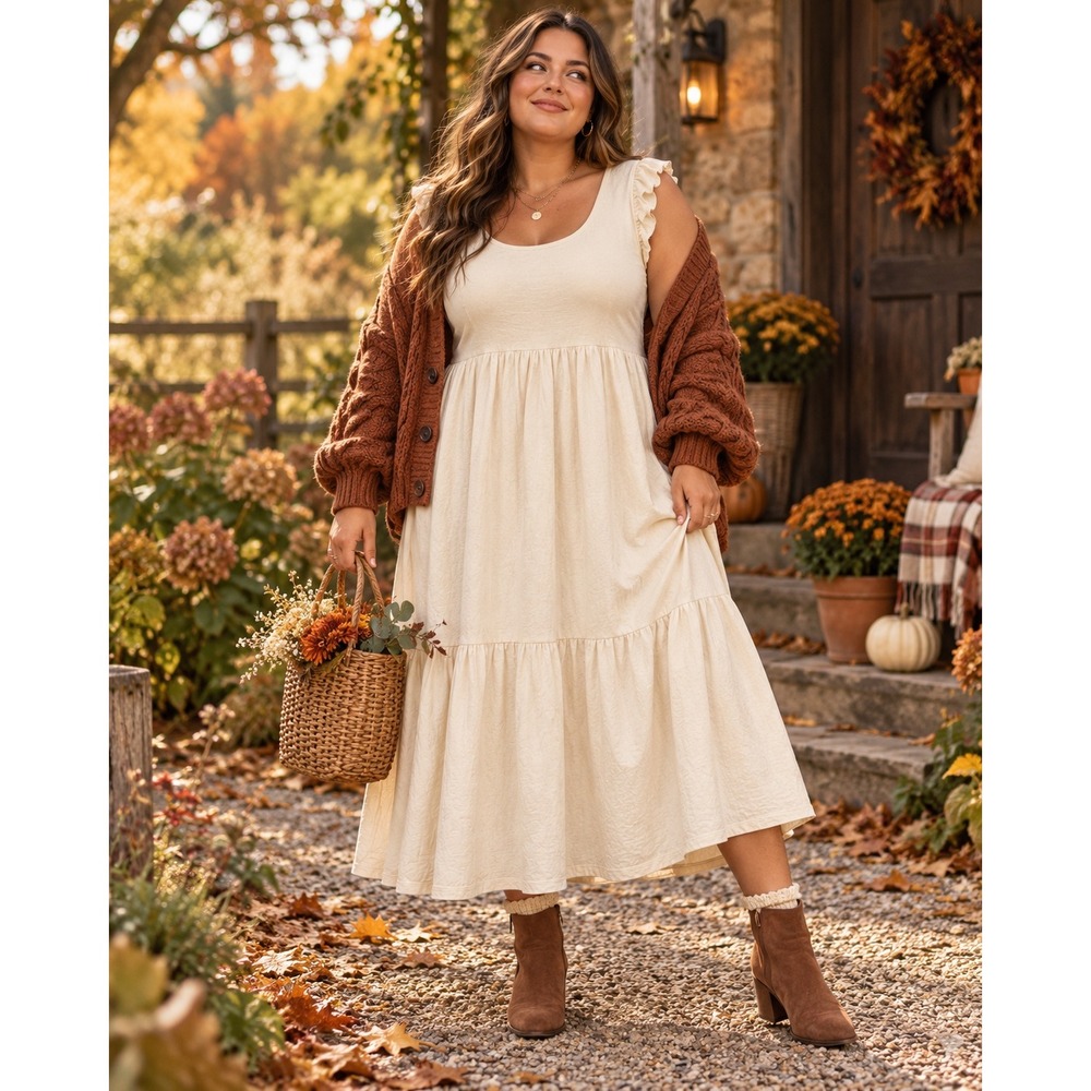 Cream Tiered Midi Dress Womens L Cotton Modal Ruffle Sleeve Cottagecore Boho